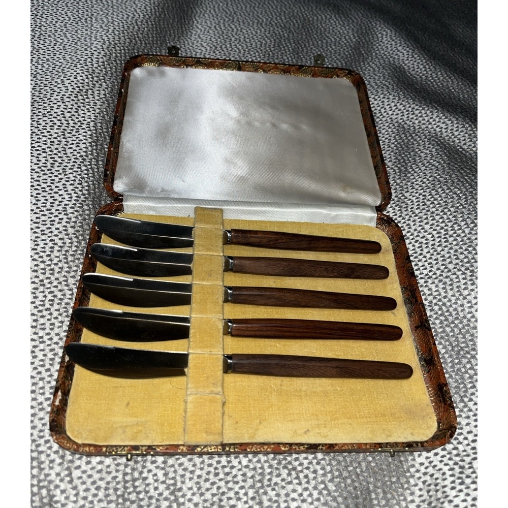 Set Of 5 Vintage Jordan Marsh Co. Sheffield‎ Knife Cutlery Set Paisley Case